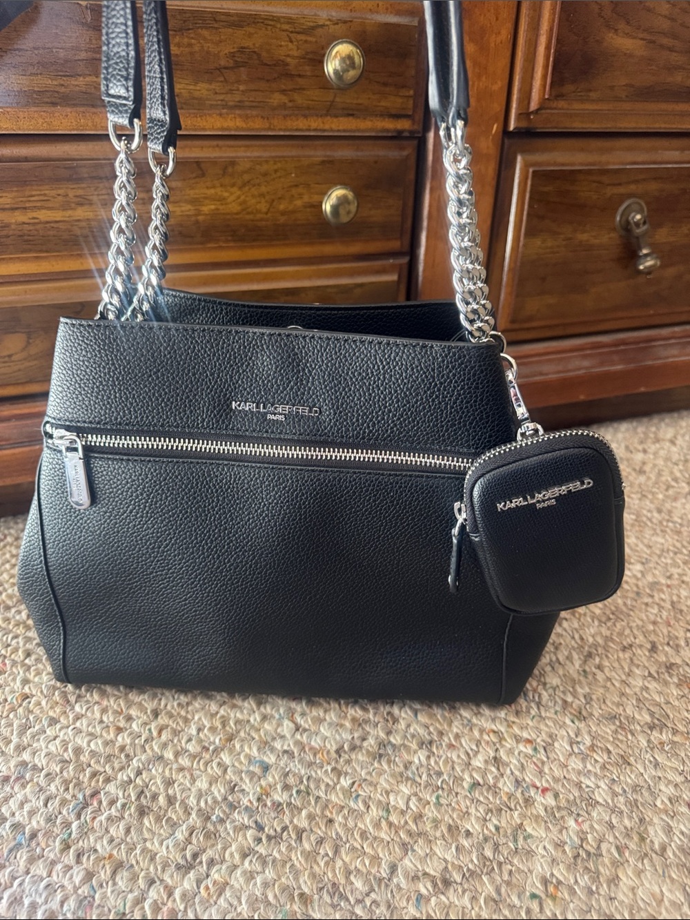 Karl Lagerfeld Black Shoulder Bag with Silver Chain Straps